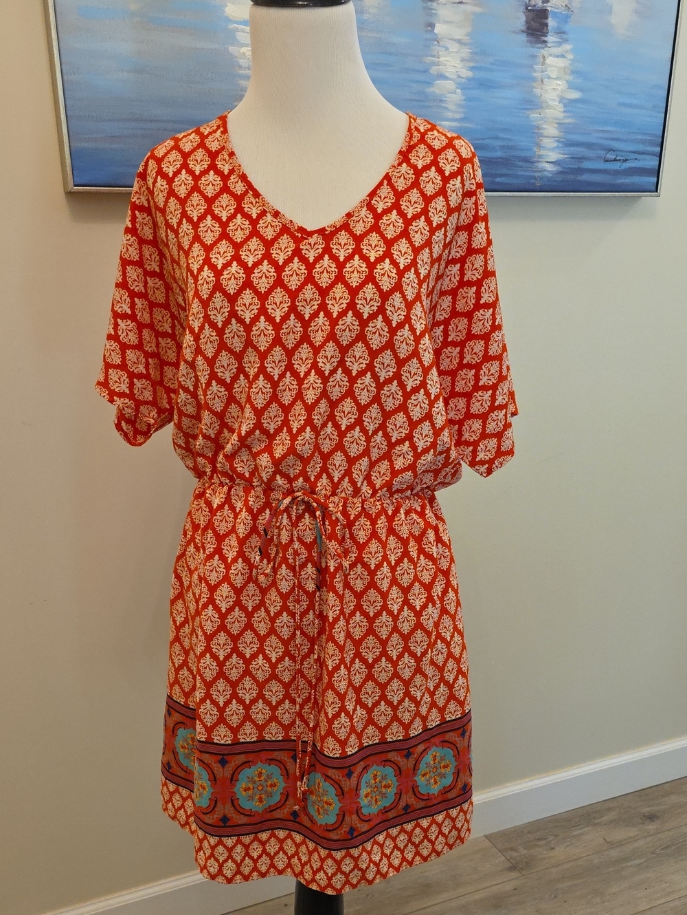 Alya Orange-Red Printed Drawstring Mini Dress